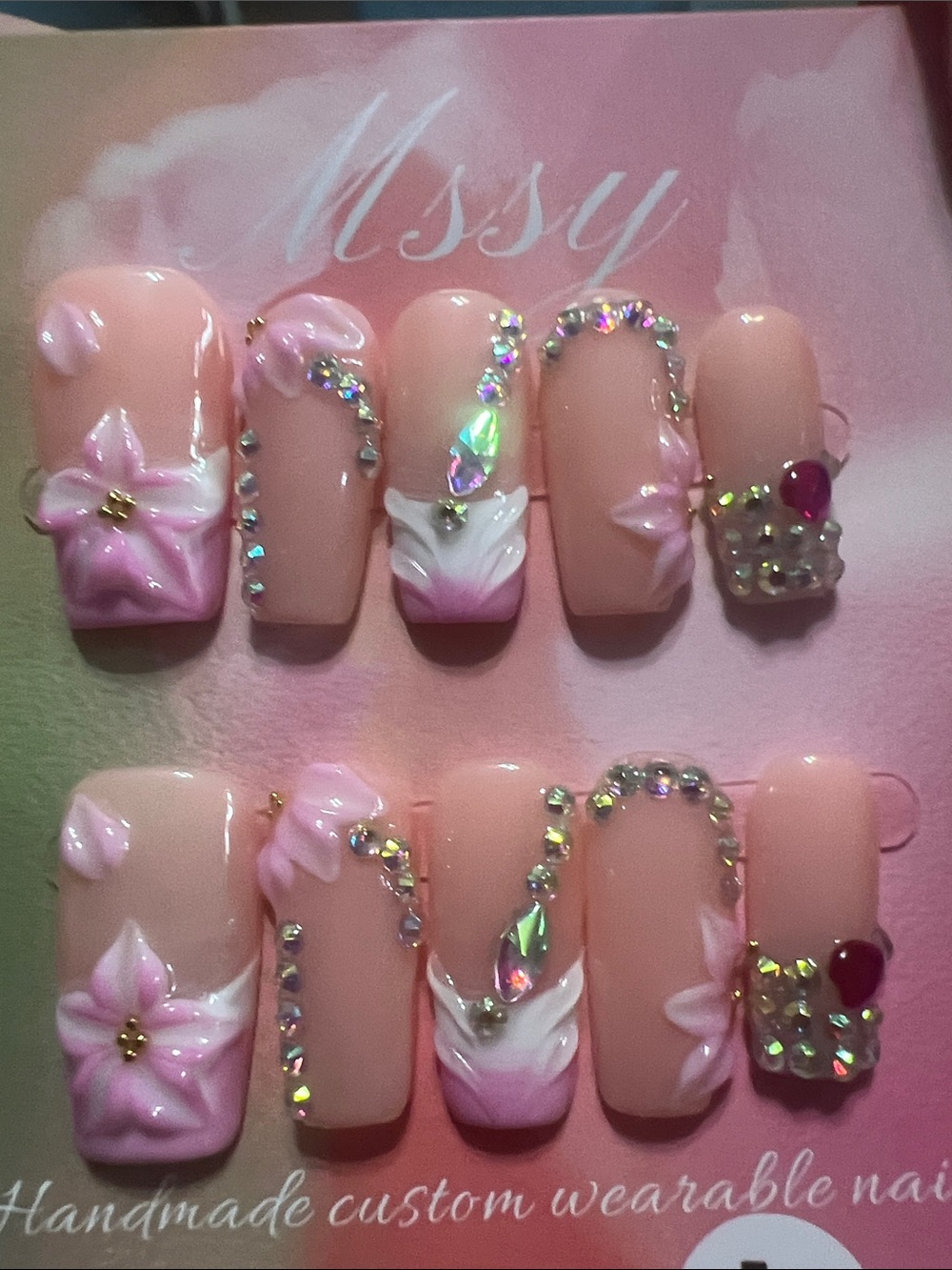 Pink 3D Flower Rhinestone Press-On Nails